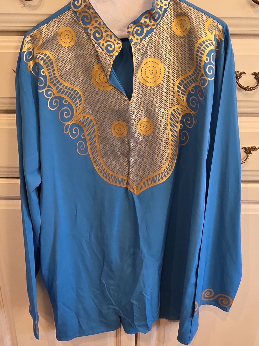 Blue and Gold Patterned Men's African Shirt